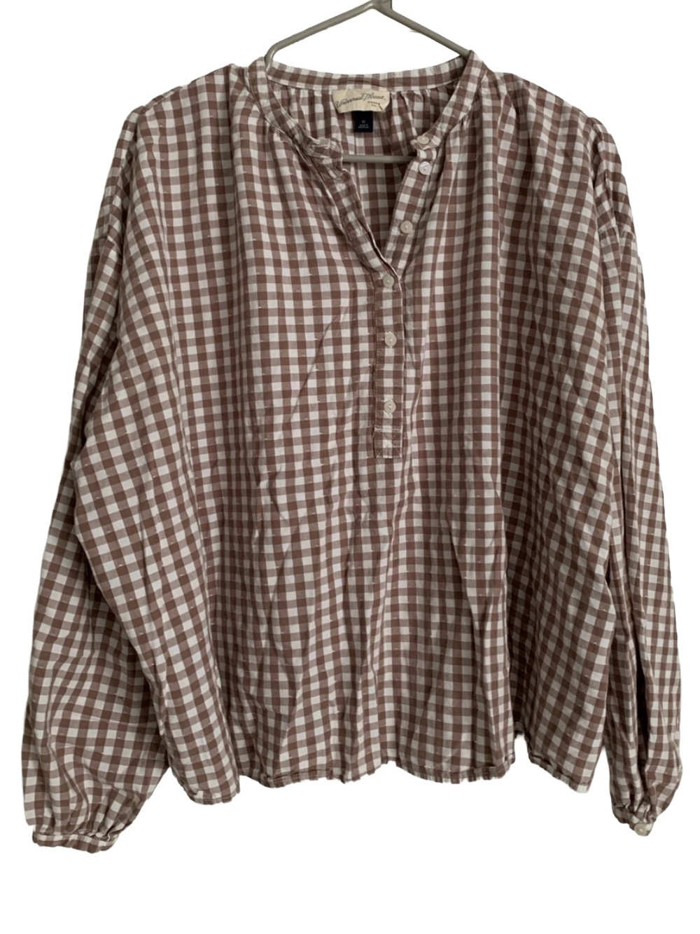 UNIVERSAL THREAD Women’s Light Brown White Check Long Sleeve Cotton Rayon Blouse
